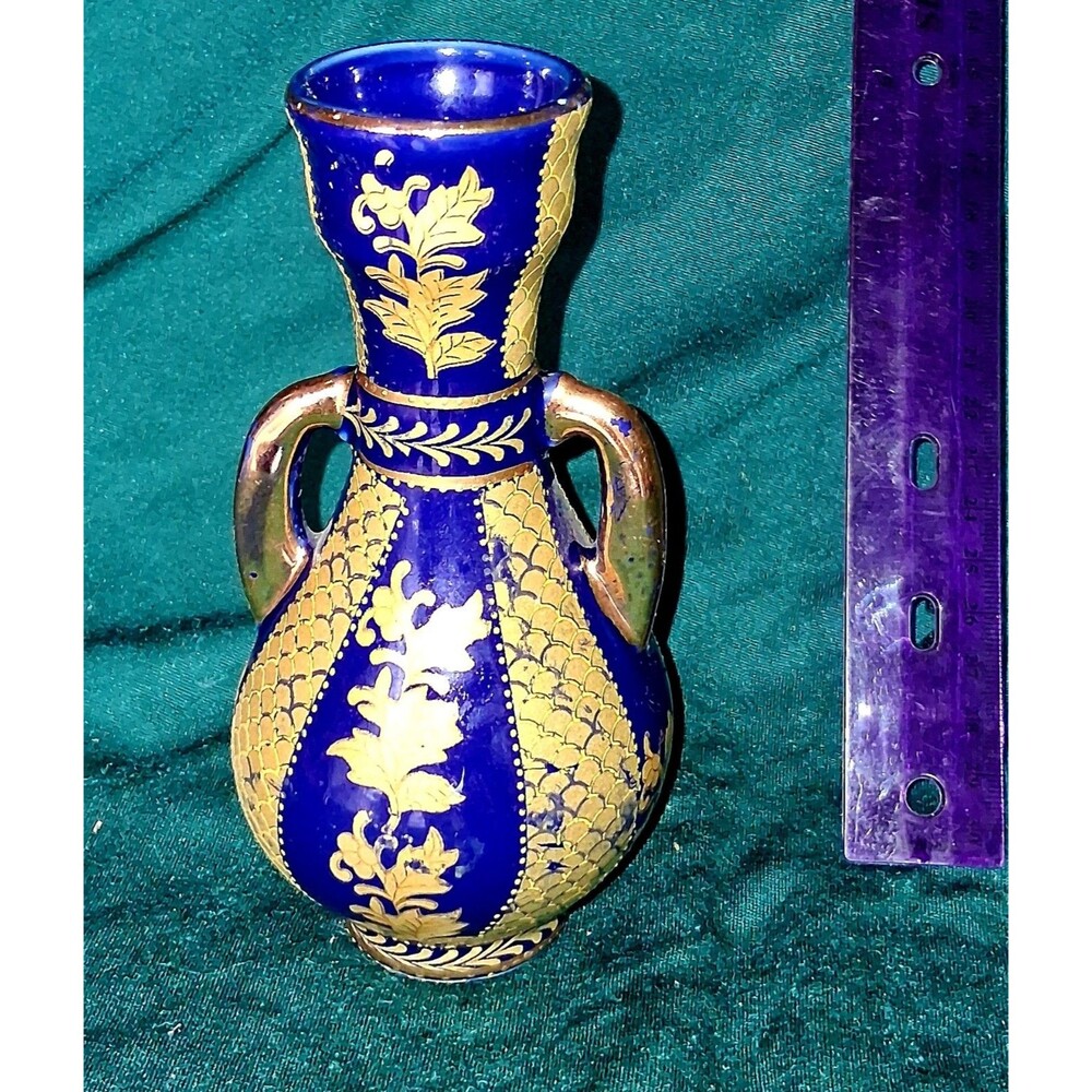 Vintage Satsuma Hand-Painted Vase With Gold Detailing & Dual Handles Blue & Gold